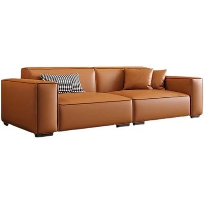 Skórzana sofa rozkładana na zamówienie w prostym rzędzie Minimalistyczny salon Warstwa głowy Skóra bydlęca karmelowy kolor